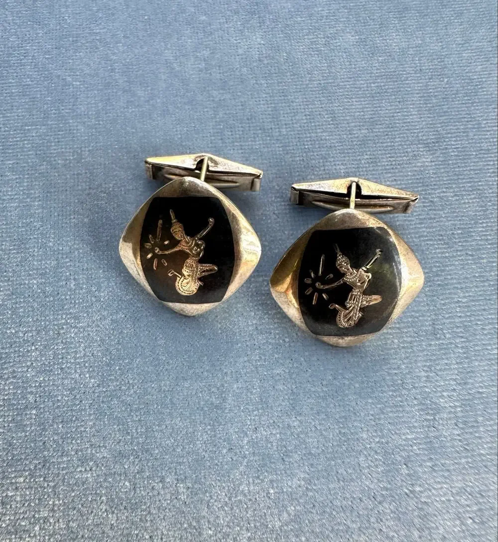 Vintage Siam Sterling Silver Niello Cufflinks Thai Dancer Black Enamel Mekkala